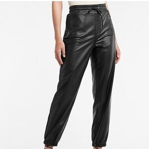 NEW, High Waisted Faux Leather Joggers, Black, Sz M